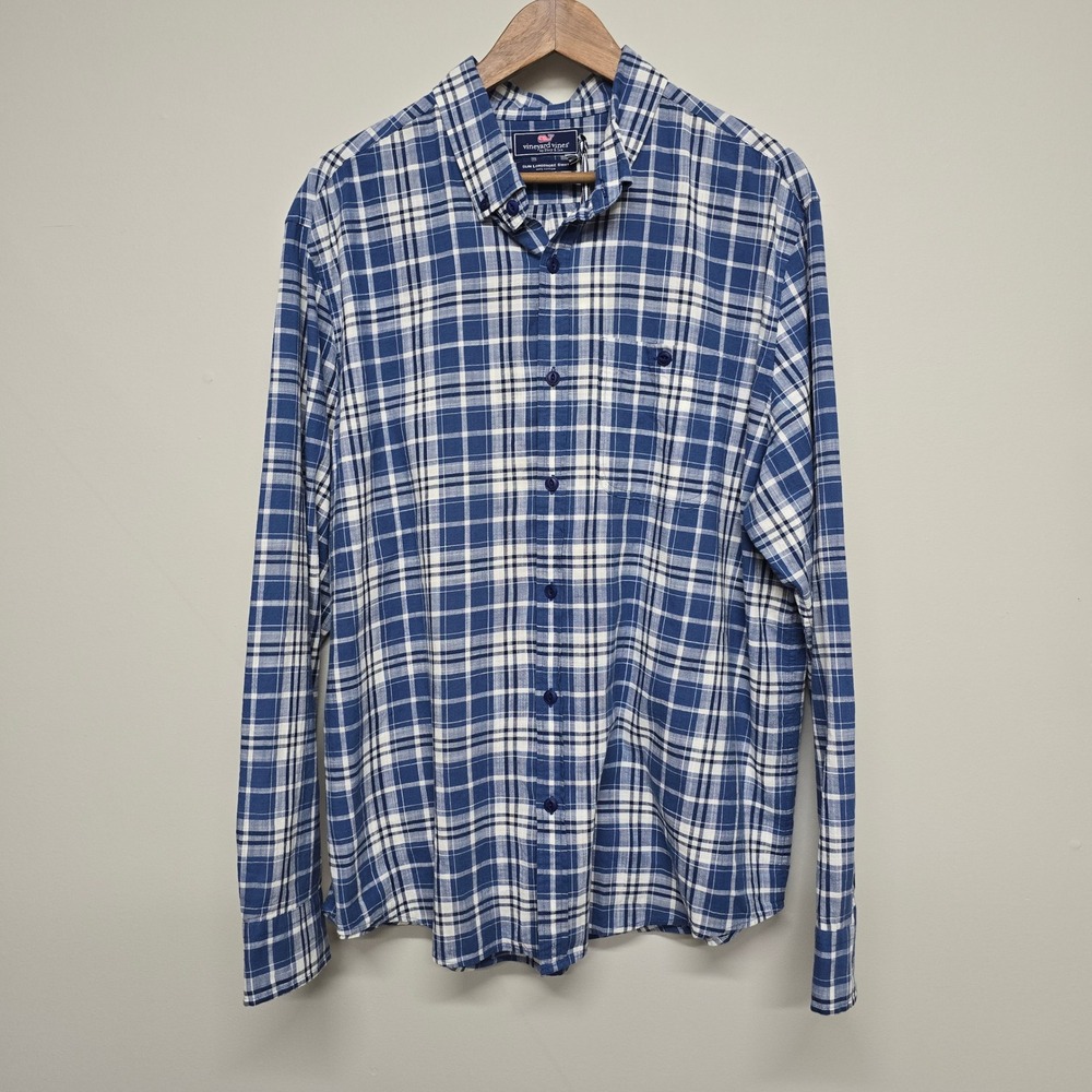 Vineyard Vines Slim Longshore Shirt Mens XL Blue Plaid Cotton Preppy Coastal